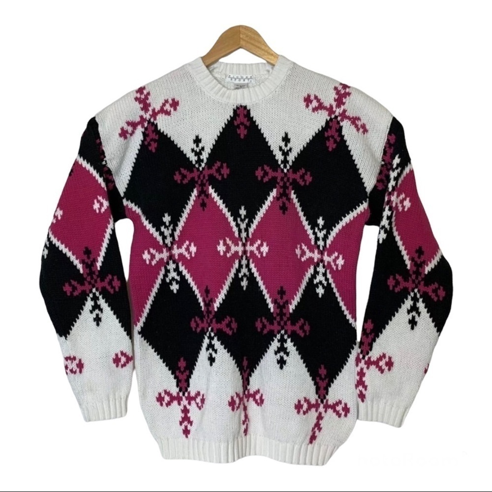 Picone Sport Womens Crew Neck Sweater Size M‎ White Pink Black Argyle Cotton VTG